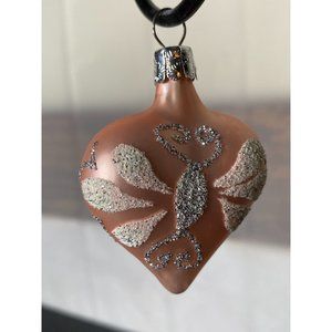Vintage Heart Glass Christmas Ornament Glitter Design Pink Butterfly